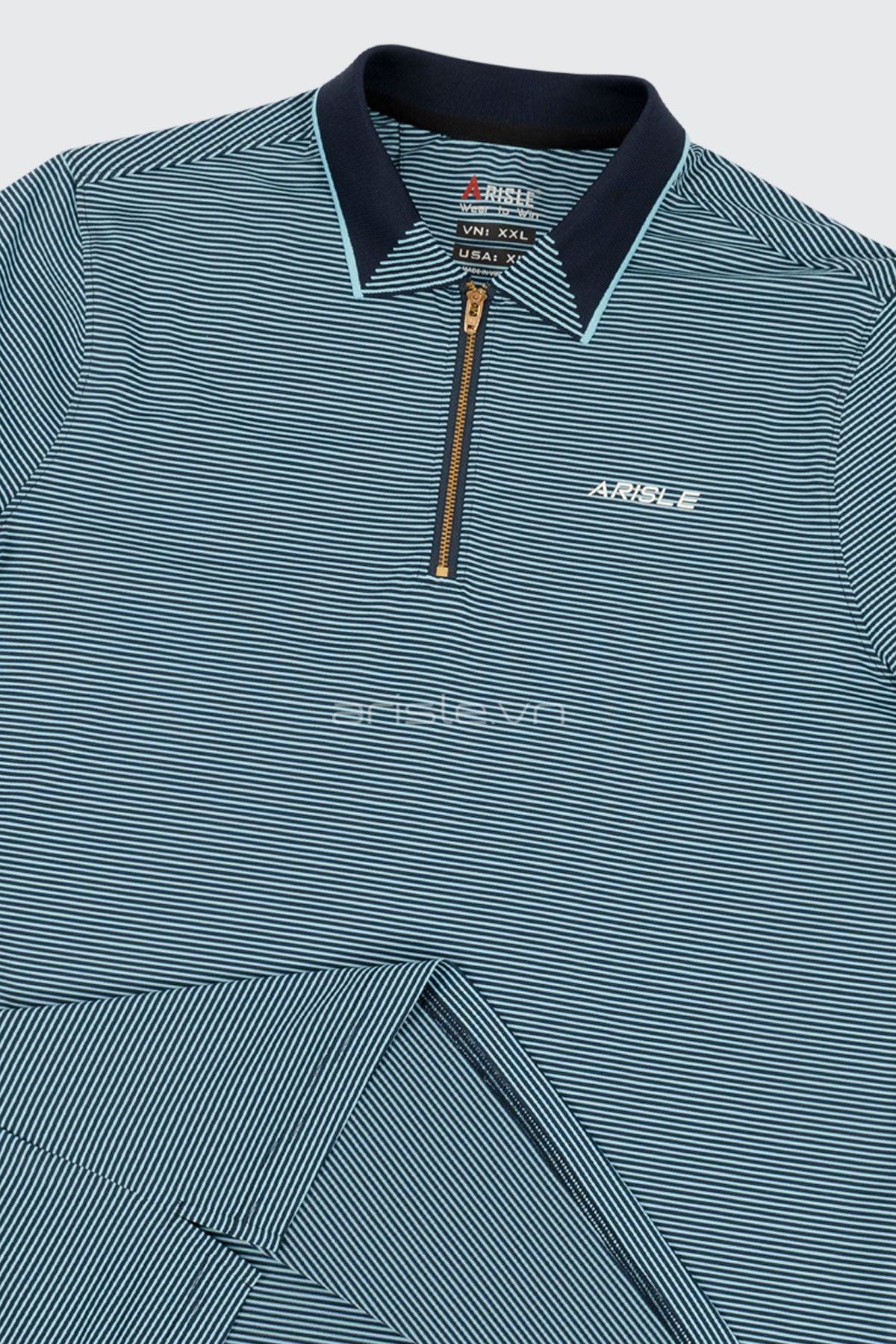 Áo Polo Golf Nam ARISLE Gold Zip Navy Stripe