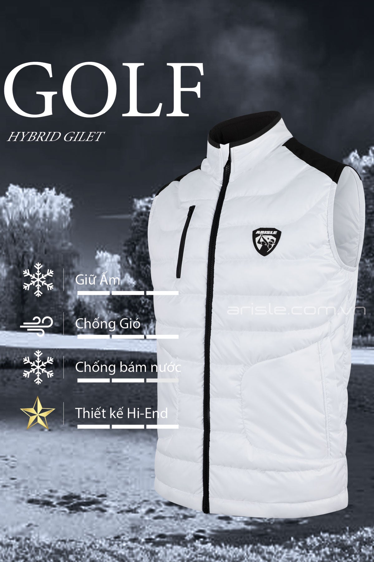 Áo Gilet Phao Golf ARISLE Hybrid Diamond White