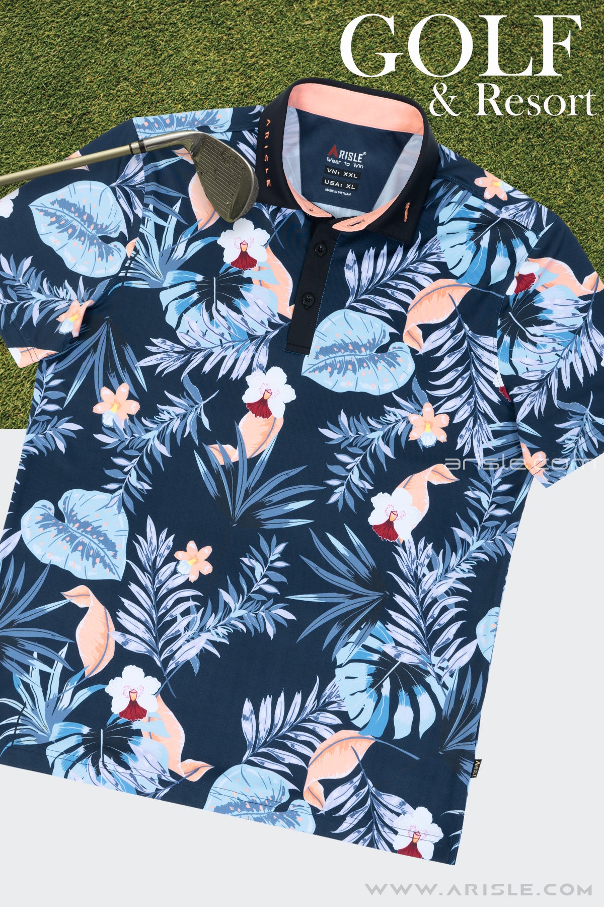Áo Polo Golf Nam ARISLE Golf & Resort Blue Tropical