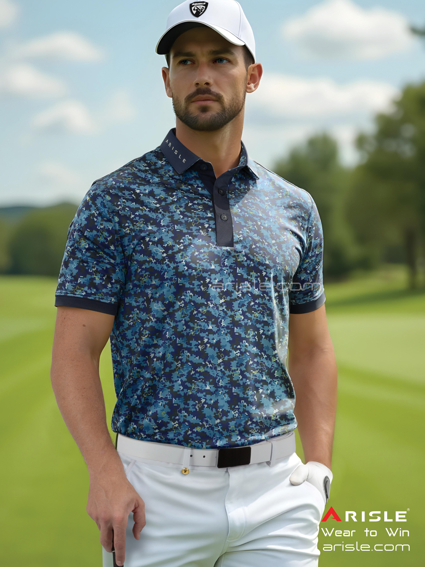 Áo Polo Golf Nam ARISLE Blue Camo Print Golf Polo